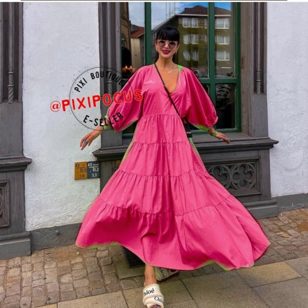 ZARA * Tiered Poplin Pink Dress Voluminous Flowy Maxi - Picture 6 of 13